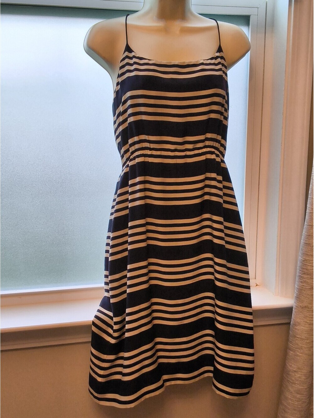 J. Crew Silk Spaghetti Strap Midi Navy Ivory Striped Flowy Dress size 6
